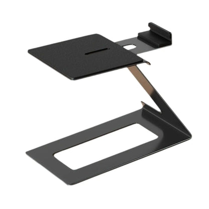Black metal desktop speaker stand with 6° incline design and vibration absorption pad for game room bookshelf use