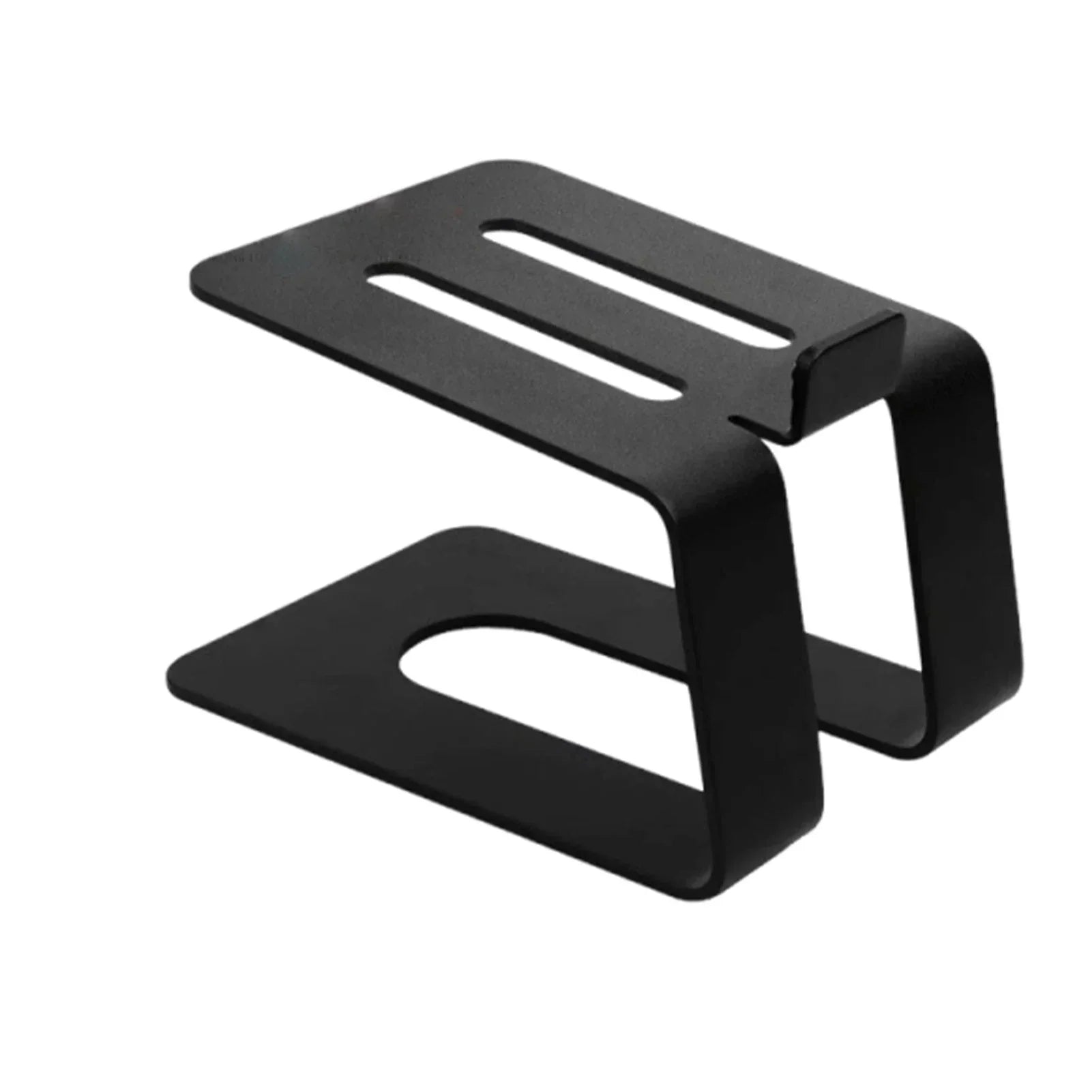 Black metal speaker stand professional with sleek minimalist design and two horizontal cutouts for studio monitor support