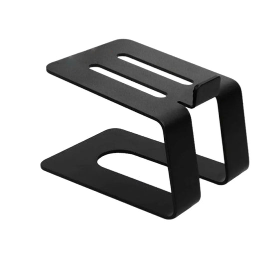 Black metal speaker stand professional with sleek minimalist design and two horizontal cutouts for studio monitor support
