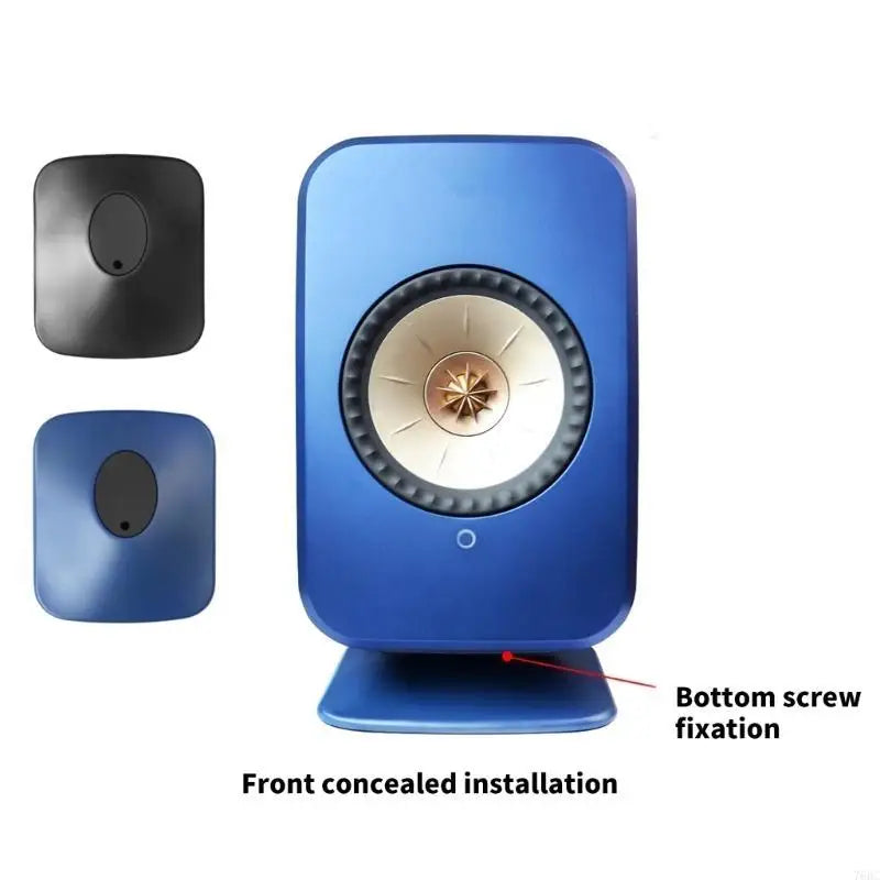 Blue rectangular desktop speaker with cream cone gold center on metallic professional studio monitors stand for surround sound