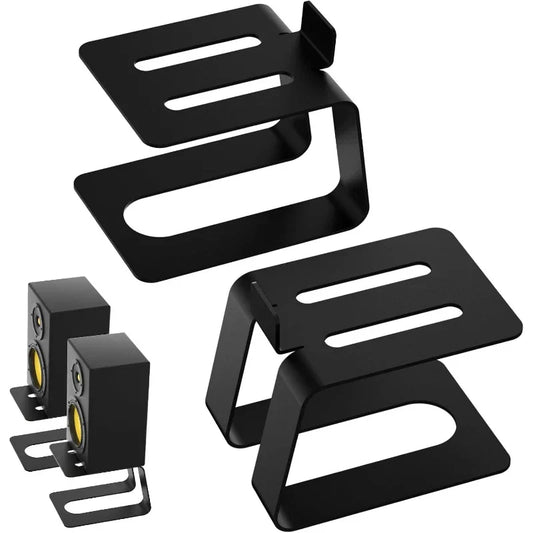 Black metal desktop speaker stands with minimalist cutout design for studio monitor speaker and bookshelf speaker stands