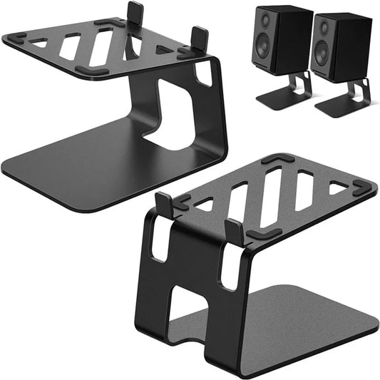 Black metal desktop speaker stands with sleek minimalist design and angular cutouts for studio monitor and bookshelf speakers