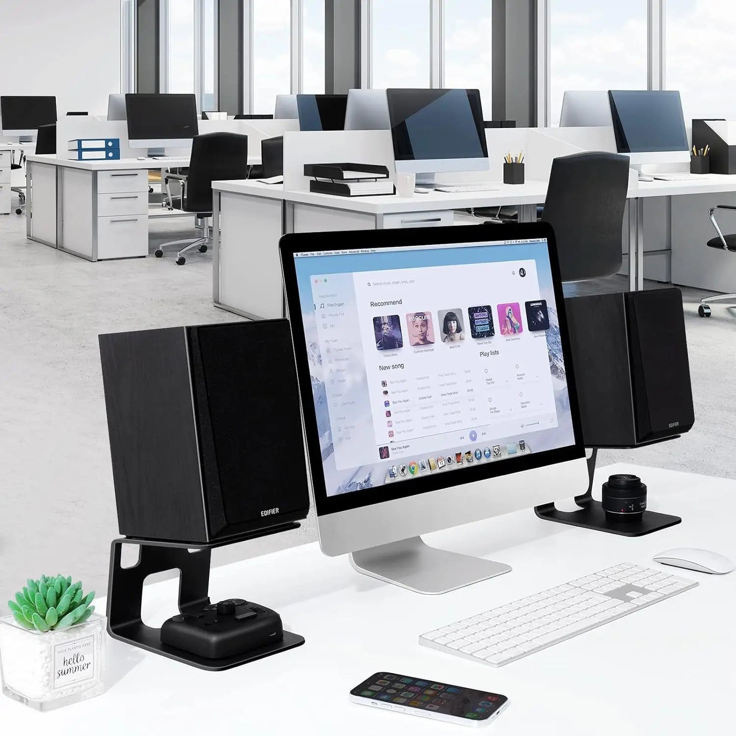 Black edifier desktop speakers with sleek minimalist design and glossy finish on desktop speaker stands for studio monitors