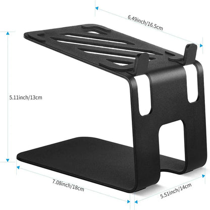 Black metal desktop speaker stands with sleek minimalist design and adjustable slanted surface for optimal screen positioning