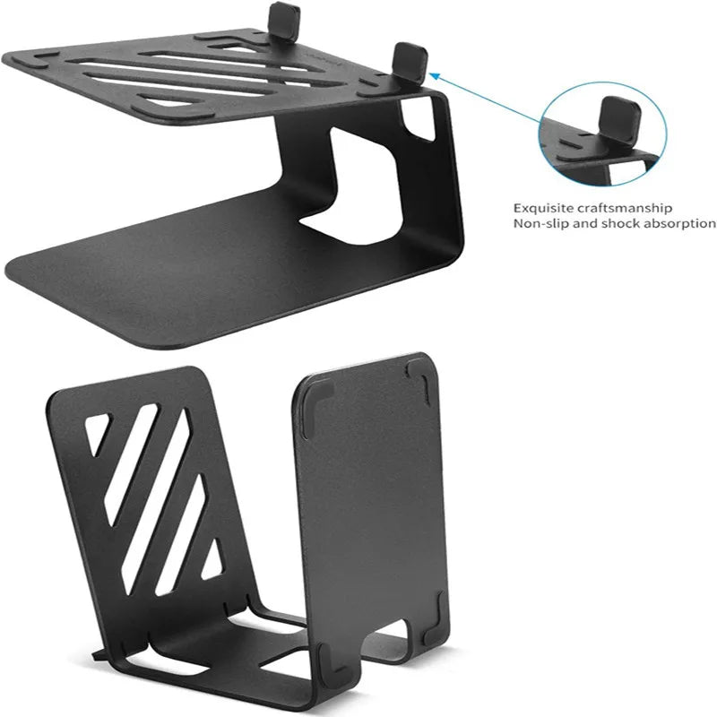Black metal desktop speaker stands with minimalist cut-out design and adjustable feet for stable studio monitor speaker use