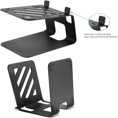 Black metal desktop speaker stands with minimalist cut-out design and adjustable feet for stable studio monitor speaker use