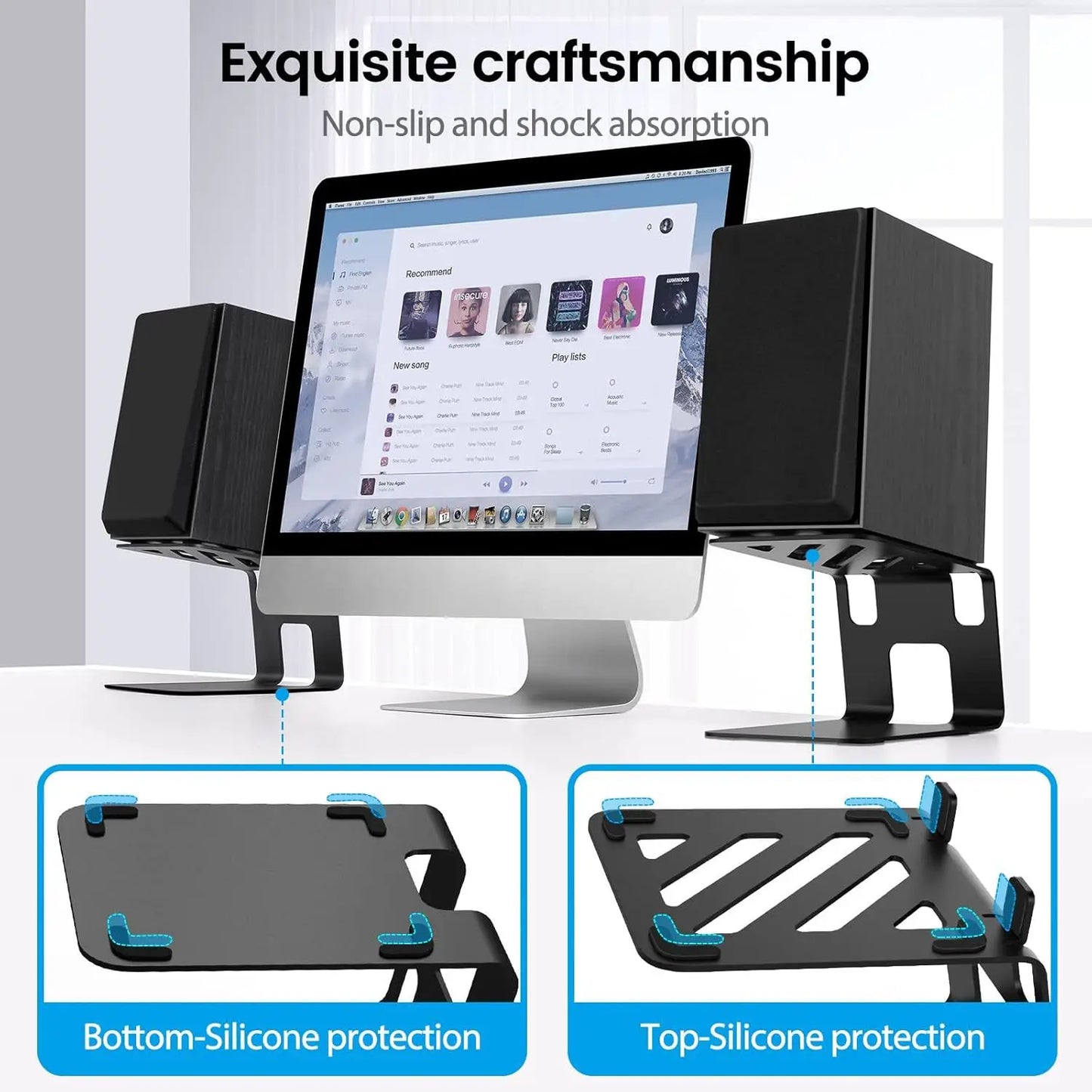 Black metal desktop speaker stands with silicone protection pads for studio monitor speaker and bookshelf speaker stands
