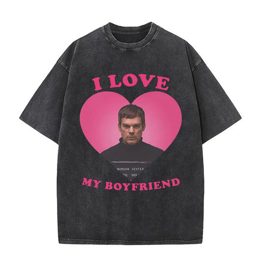 Black distressed cotton t-shirt featuring bold pink heart and dexter morgan portrait for code vintage washed shirts fashion gothic