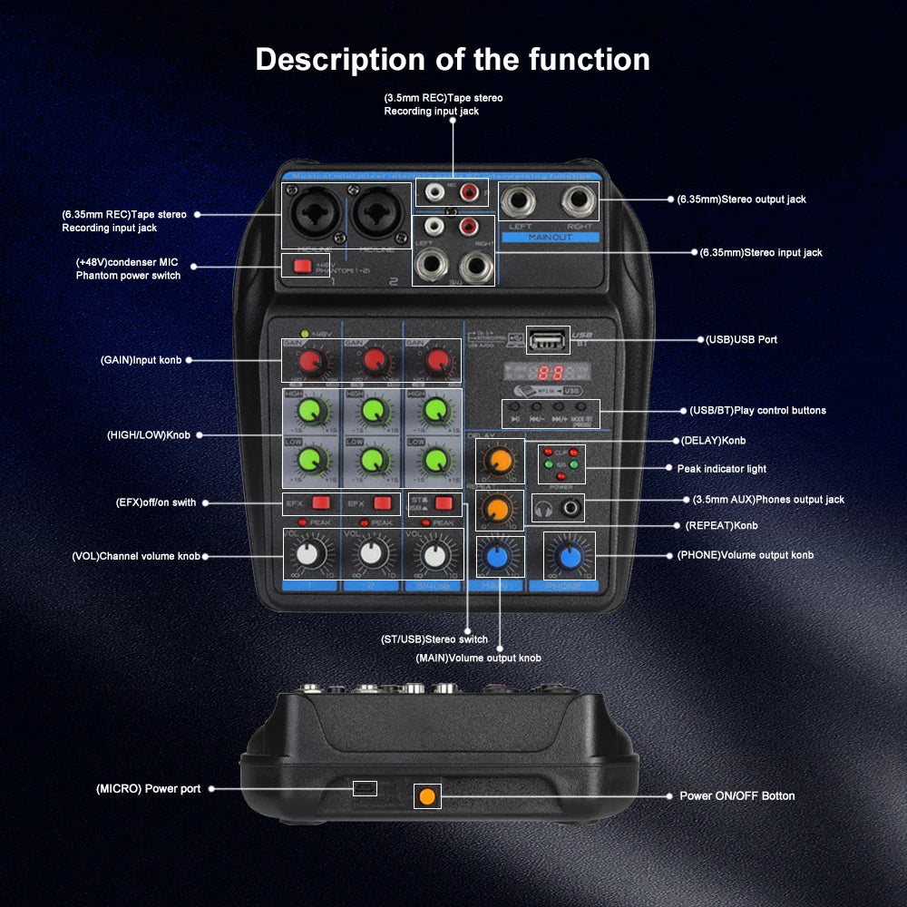 4 Channel Mixer Dj Mixing Console Met Bluetooth 48V Phantom Power Monitor Karaoke Systeem Usb Mixer Audio
