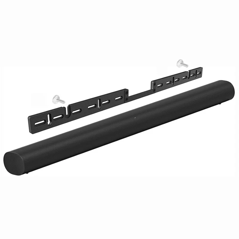 Black cylindrical sonos arc soundbar with matching black metal soundbar bracket wall mount stand and screws under tv