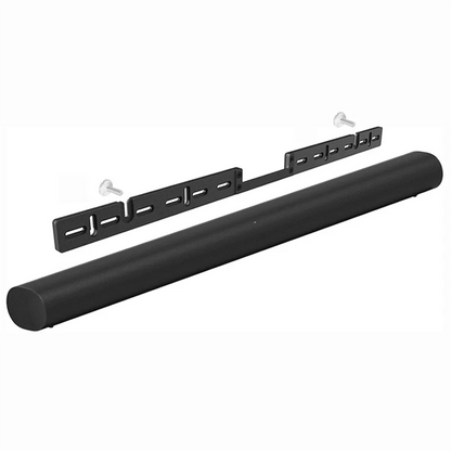 Black cylindrical sonos arc soundbar with matching black metal soundbar bracket wall mount stand and screws under tv