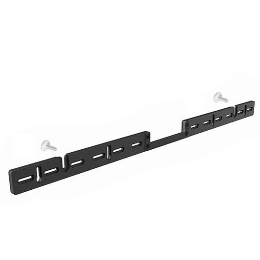 Black metal sonos arc soundbar wall mount stand with two white screws for secure soundbar bracket installation under tv