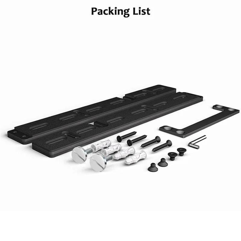 Black metal mounting rails with silver and black hardware components for sonos arc soundbar wall mount stand bracket