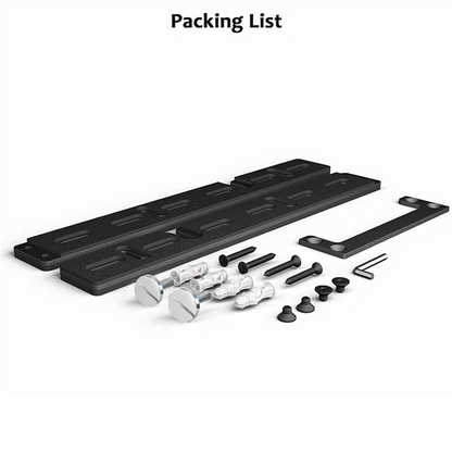 Black metal mounting rails with silver and black hardware components for sonos arc soundbar wall mount stand bracket