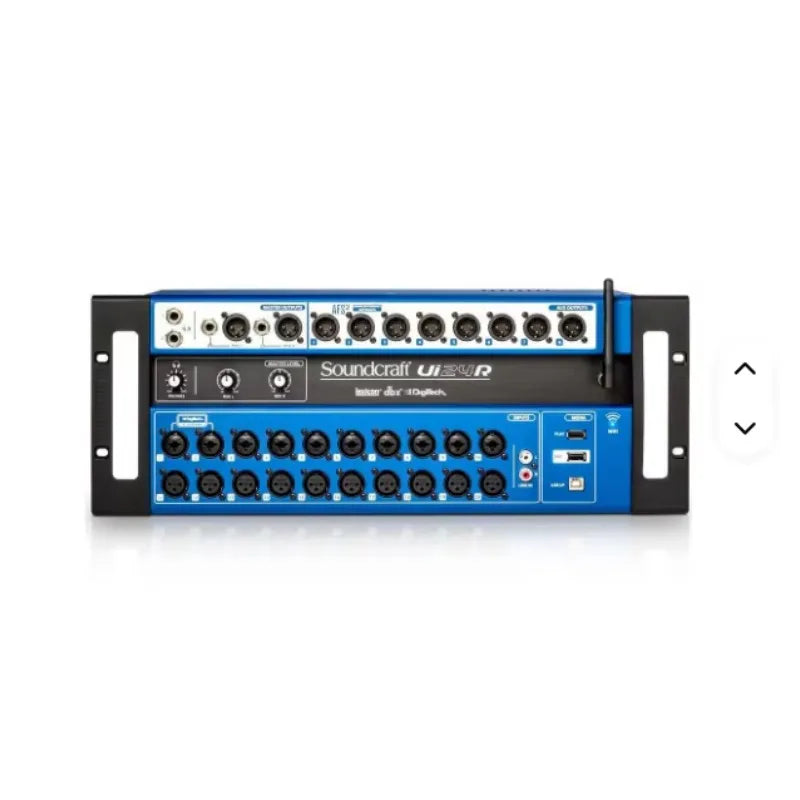 Blue Soundcraft Ui24R digital audio console mixer with black rack-mount brackets featuring usb recorder and wireless control ports