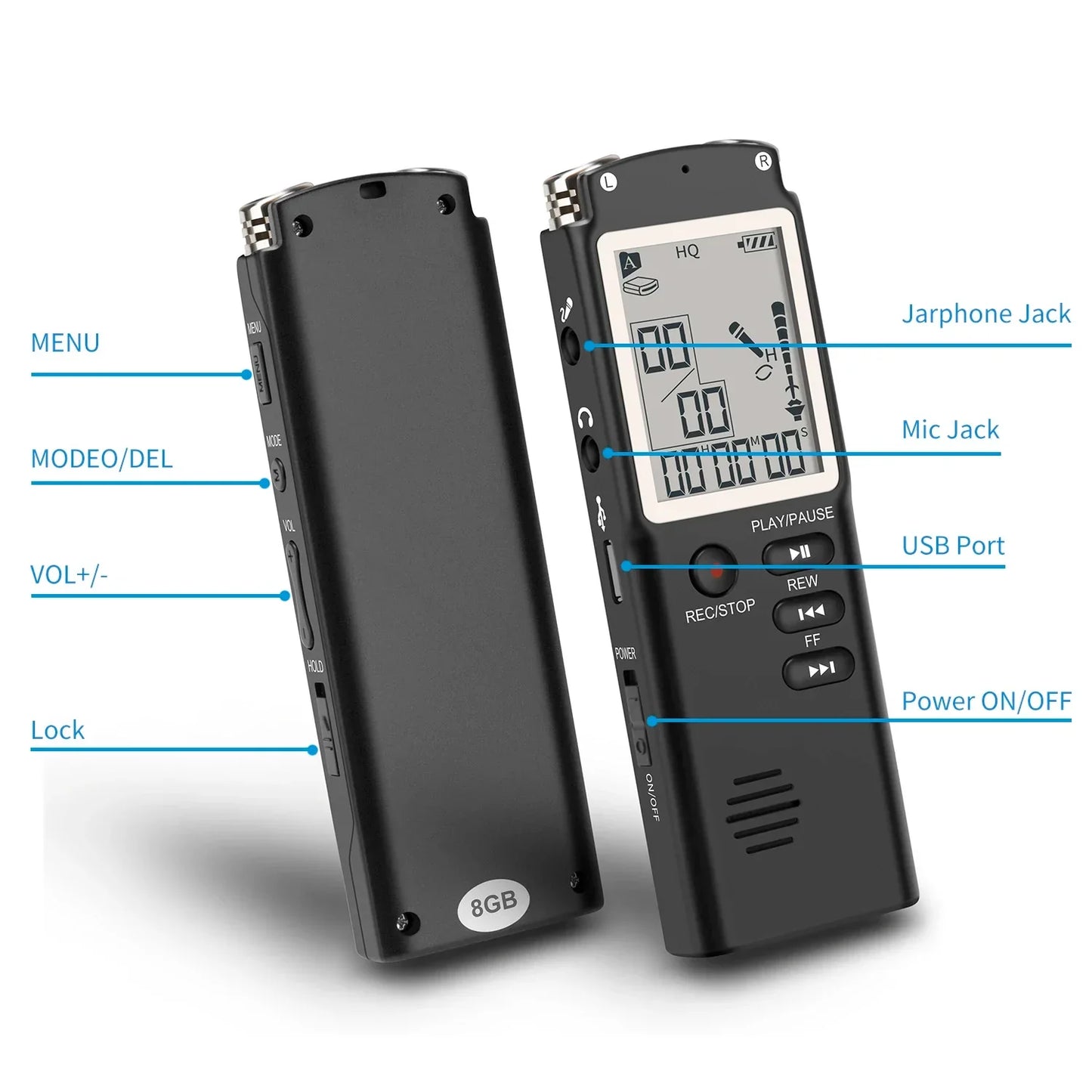 Black 8gb digital audio voice recorder with intelligent noise reduction and labeled control buttons in slim design