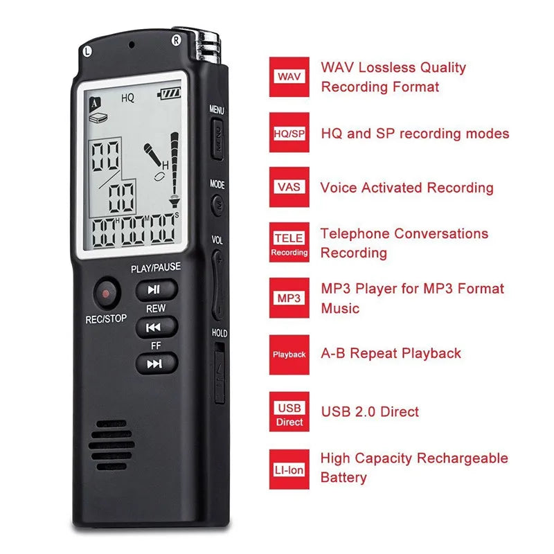 Black digital audio voice recorder 16gb with intelligent noise reduction and small lcd screen with multiple control buttons