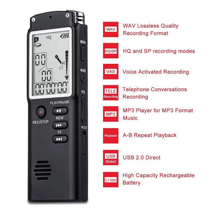 Black digital audio voice recorder 16gb with intelligent noise reduction and small lcd screen with multiple control buttons