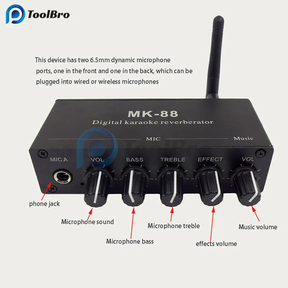 Black toolbro mk-88 digital karaoke reverberator with microphone mic reverb and effect coaxial decoder amplifier mixer board