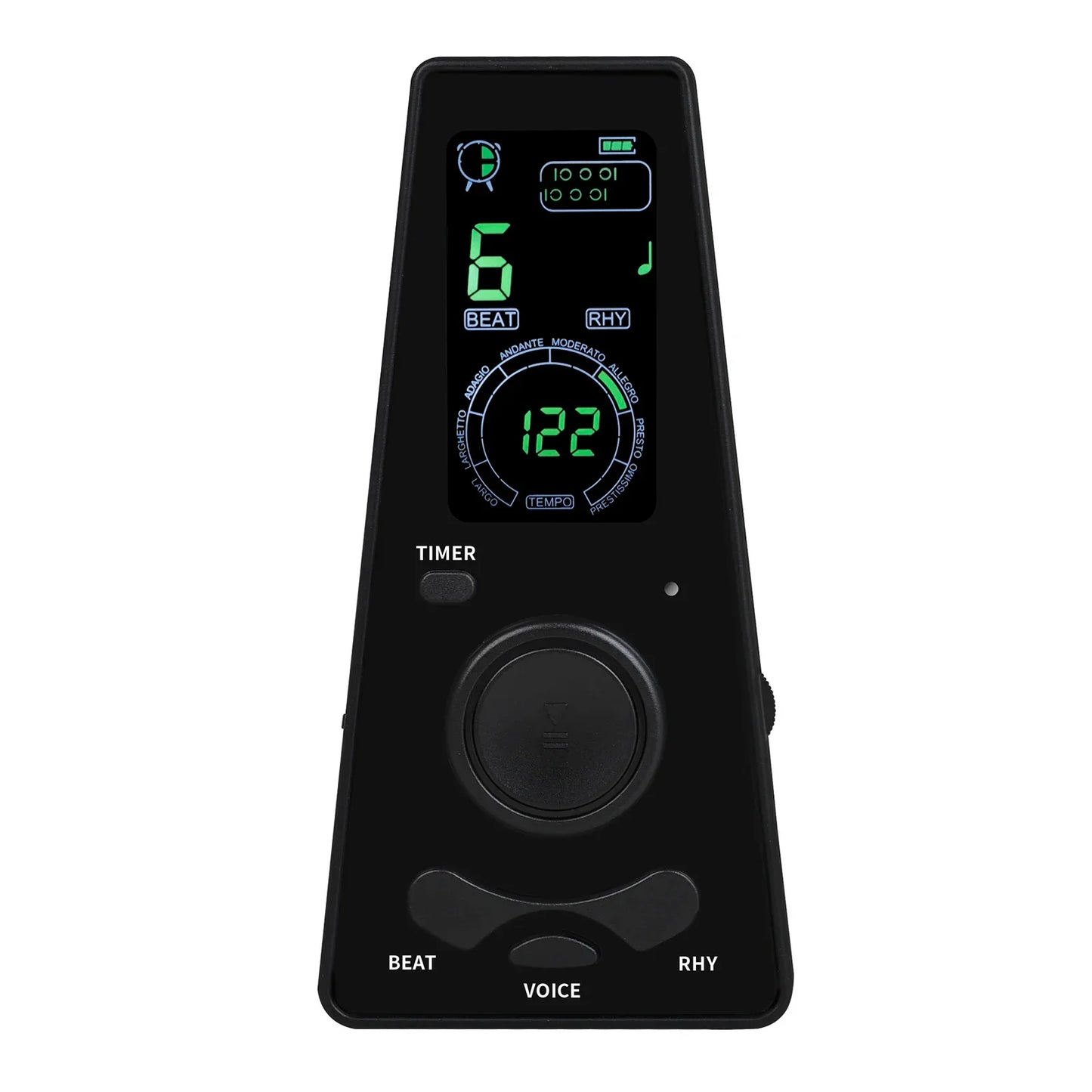 Black digital metronome with green display for musicians piano violin guitar instrument featuring bell ring rhythm