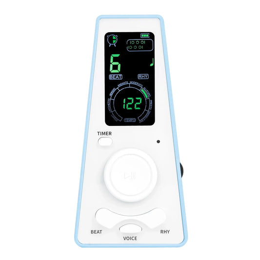 White and light blue digital metronome with green lcd screen for musicians piano violin guitar metronome bell rhythm settings