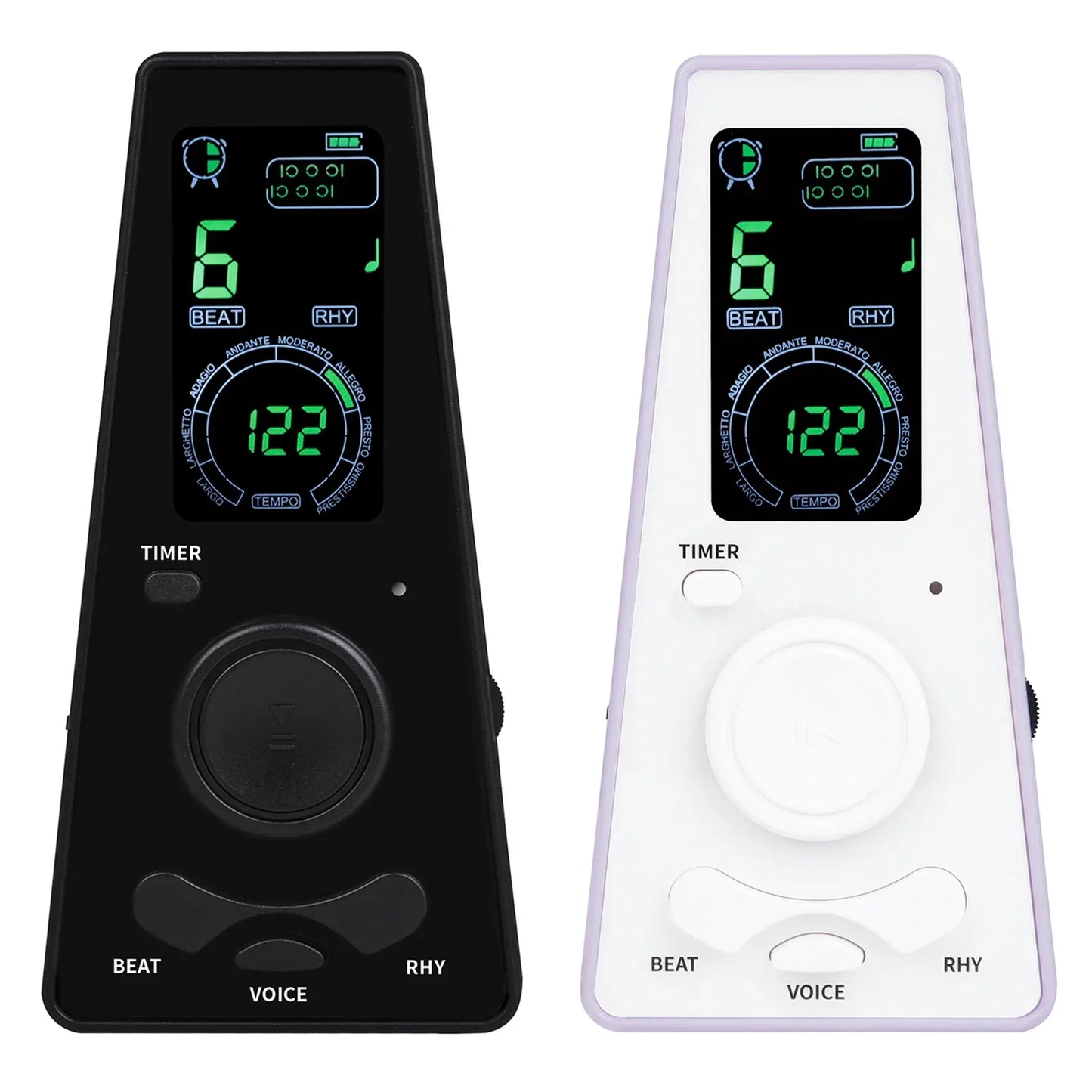 Black and white digital metronomes with green led tempo displays ideal for musicians piano violin guitar instrument use