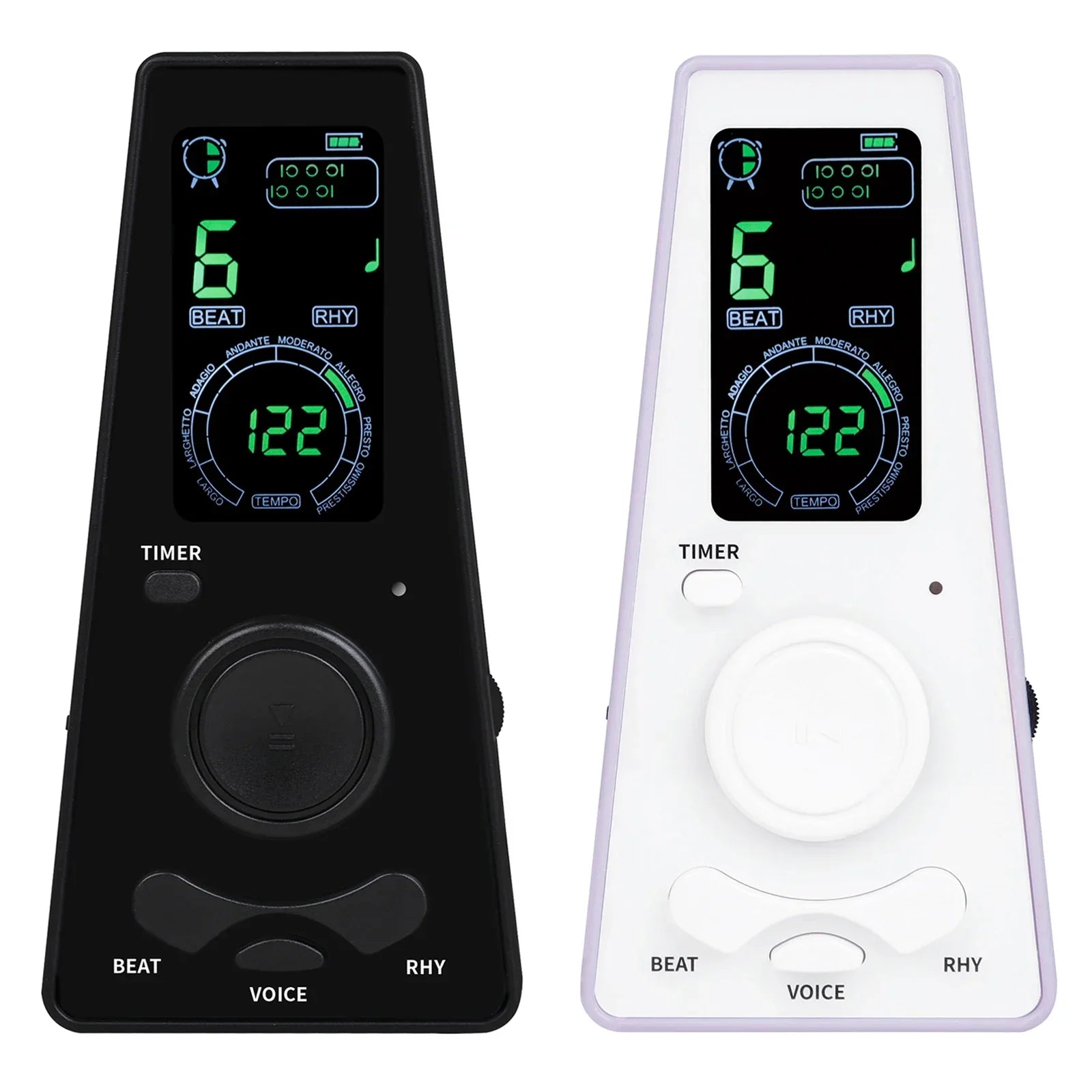 Black and white digital metronomes with green led tempo displays ideal for musicians piano violin guitar instrument use