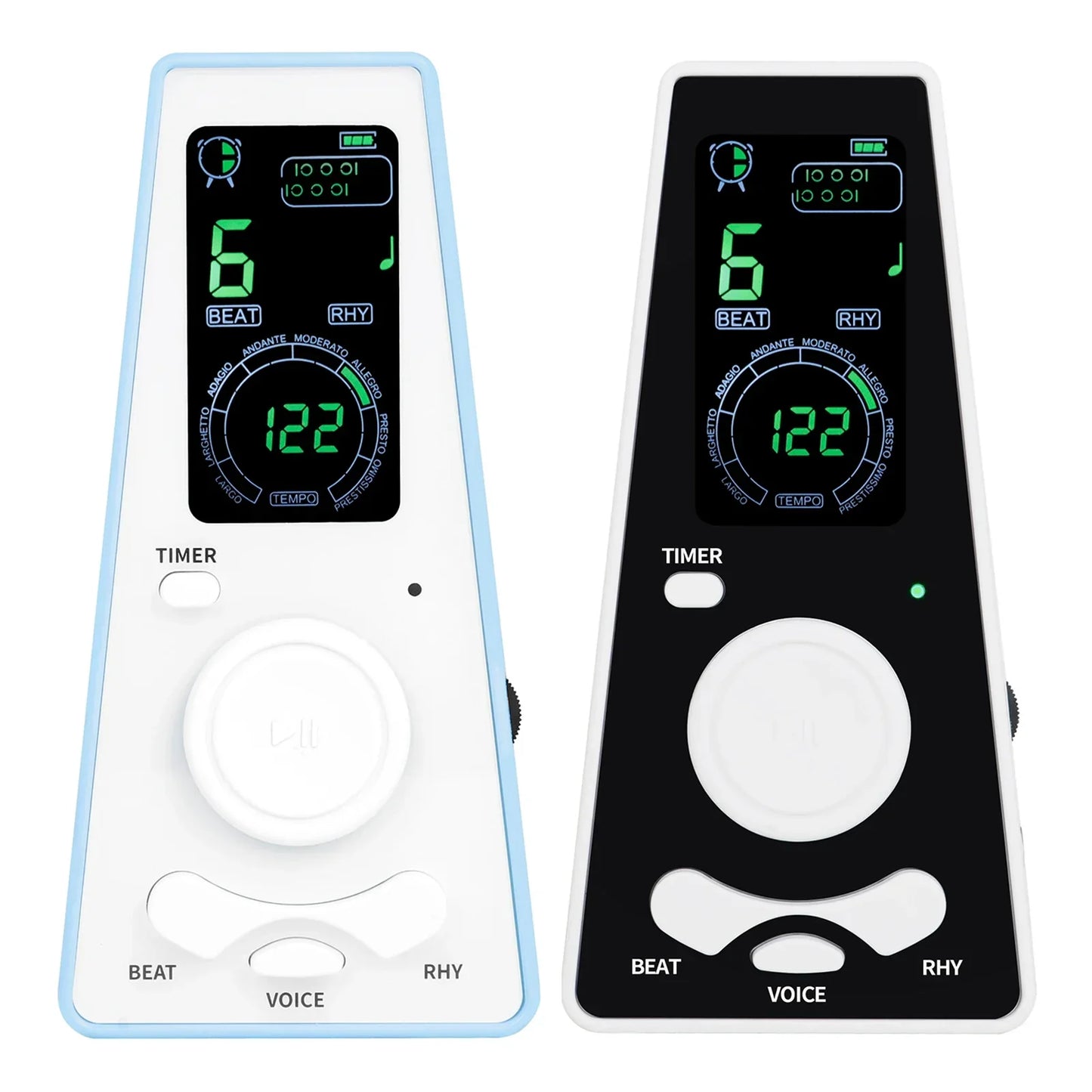 Two digital metronomes in white with light blue border and black with green led displays for musicians piano violin guitar metronome bell