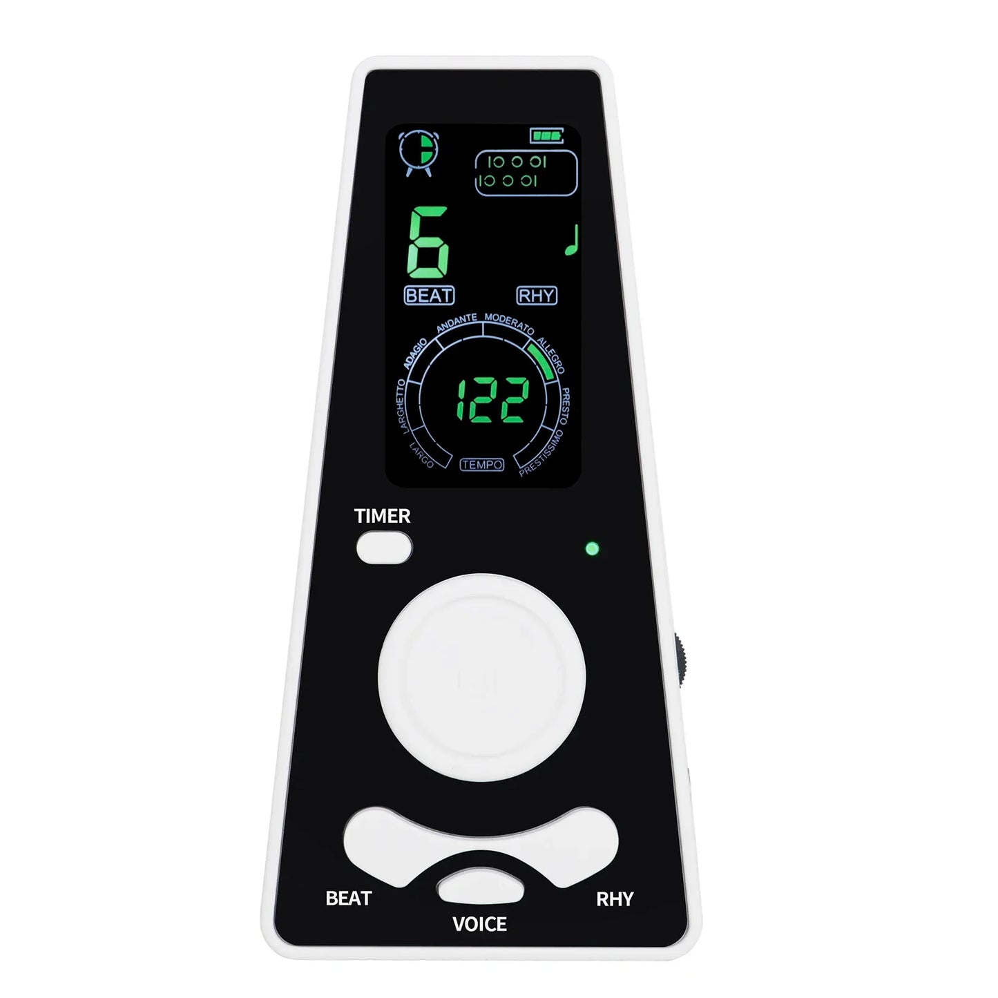 Black and white digital metronome with green led display showing tempo and rhythm for musicians piano violin guitar instrument