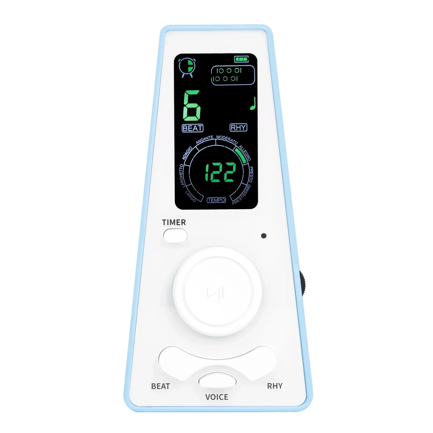 White and light blue digital metronome timer with green lcd screen for guitar piano beat frequency rhythm control