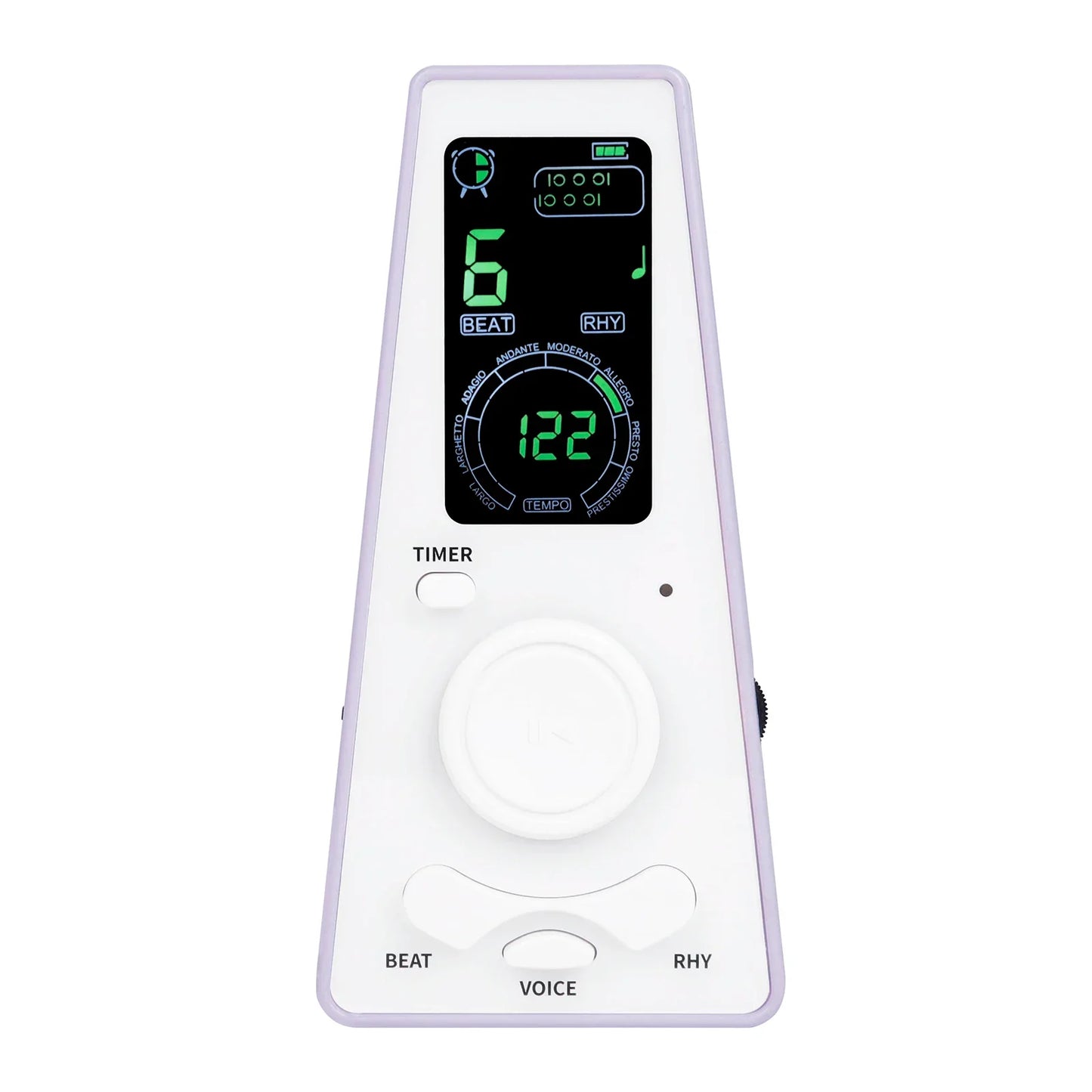 White digital metronome timer with green led display showing tempo settings for metronome timer guitar and piano beat frequency