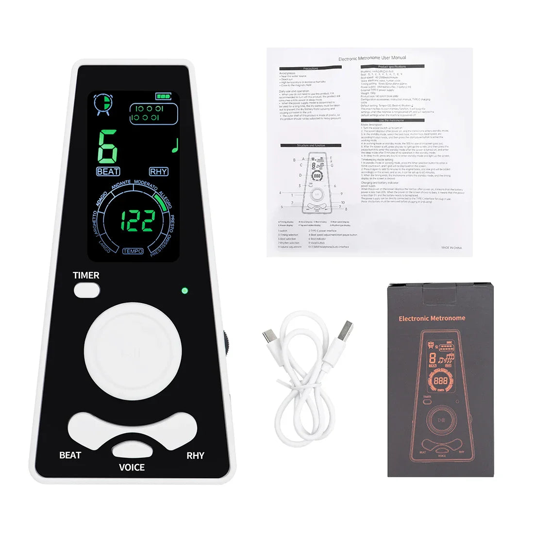 Black and white digital metronome timer with green led indicators showing piano beat frequency and metronome timer guitar settings