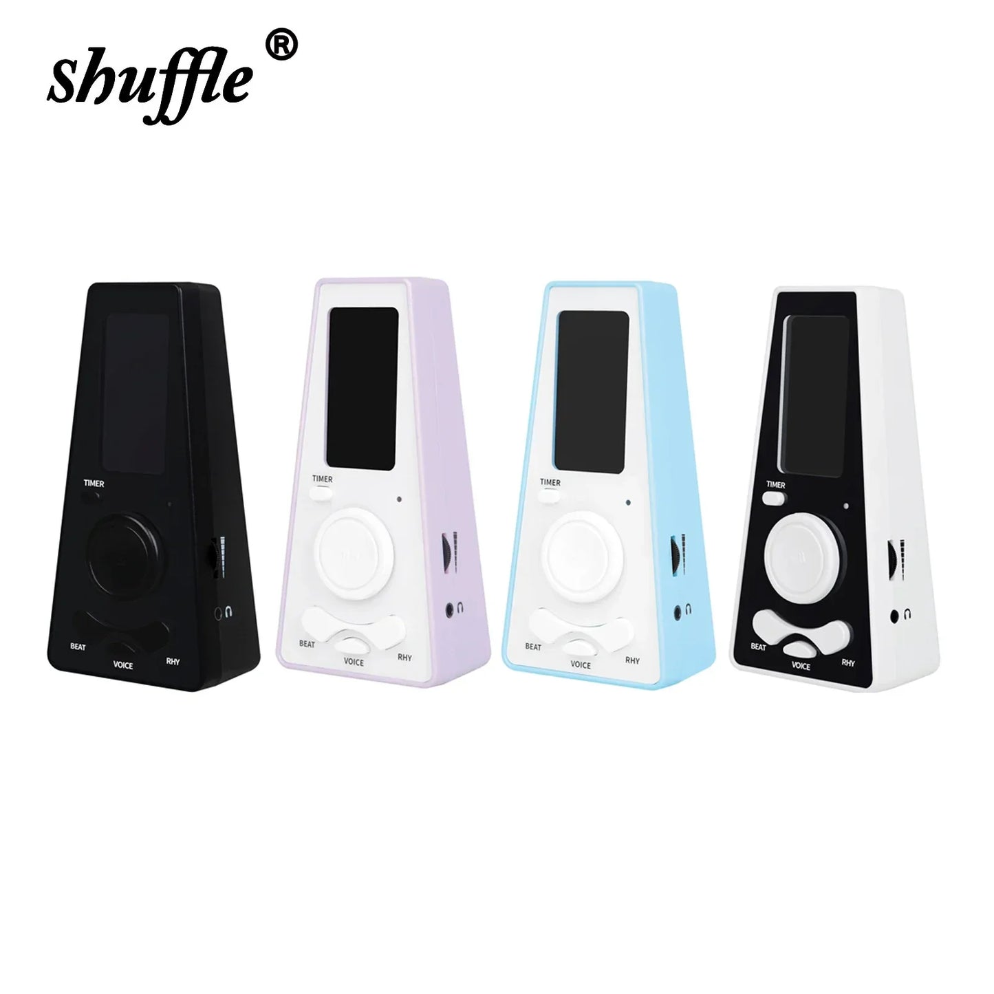 Four shuffle digital metronome timers in black, white lavender, light blue, and black white mustache design for guitar and piano beat frequency control