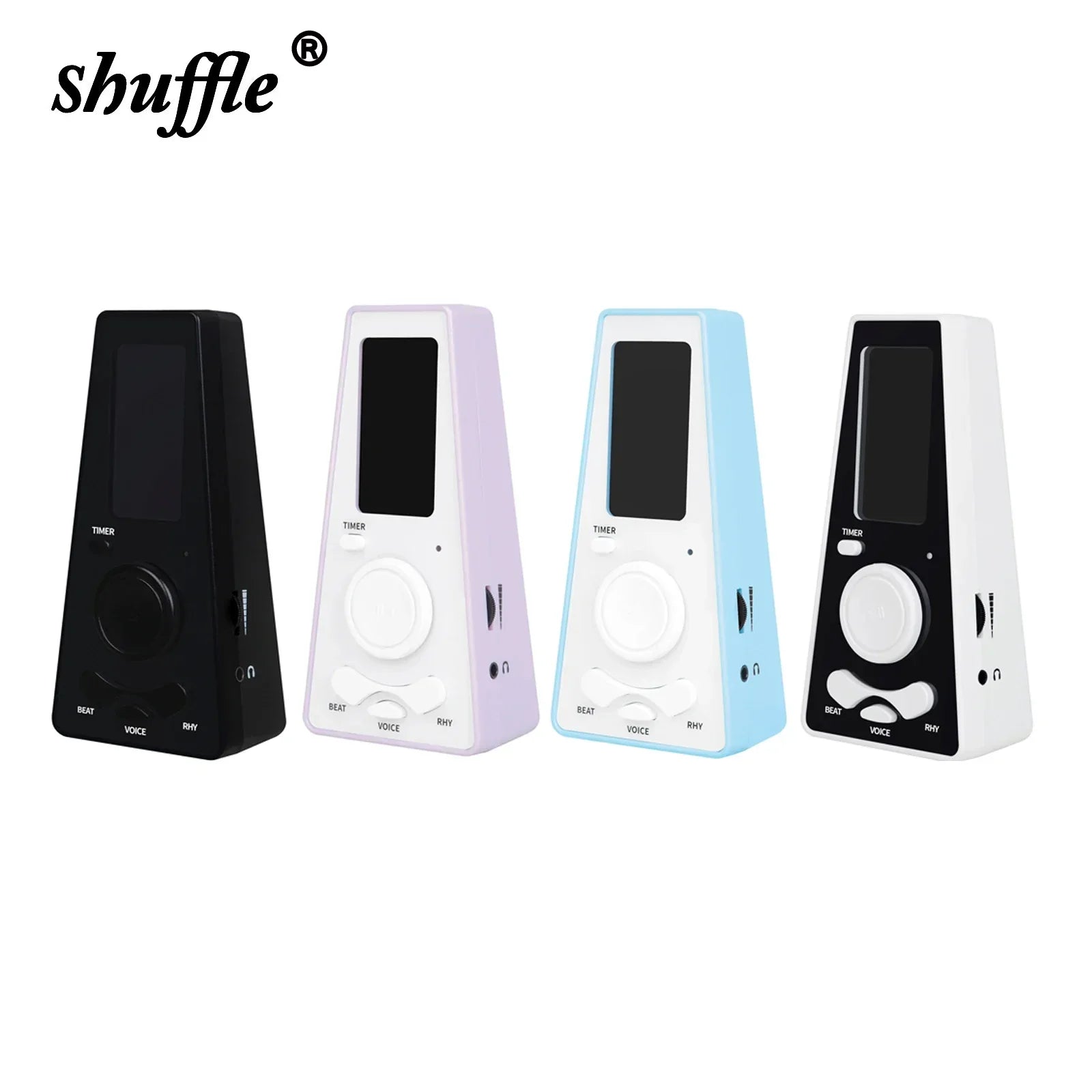 Four shuffle digital metronome timers in black, white lavender, light blue, and black white mustache design for guitar and piano beat frequency control