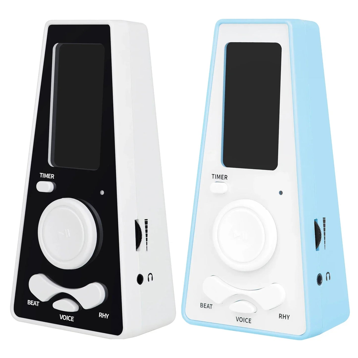 Two digital metronome timers in black white and light blue white with volume and beat speed control for guitar and piano use