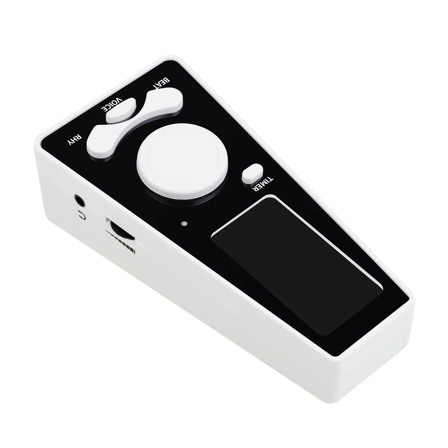 White and black digital metronome timer with circular dial voice and bpm buttons and screen for guitar and piano beat frequency