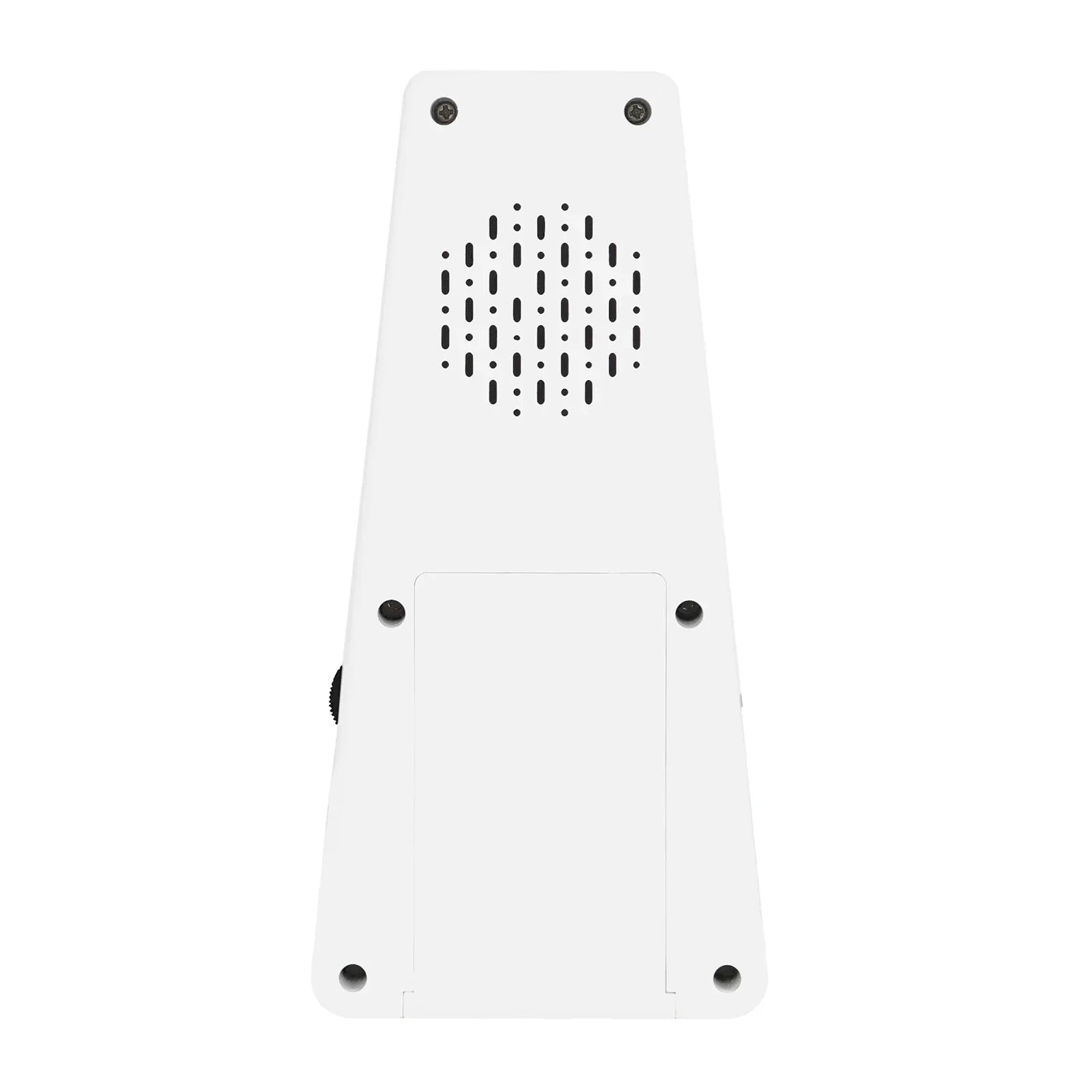 White rectangular digital metronome timer with perforated speaker grille and black screws for guitar and piano beat frequency control