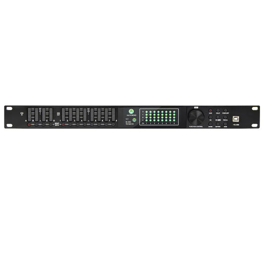 Black rack-mountable digital mixer studio with green led indicators and central rotary knob mixing console compatible