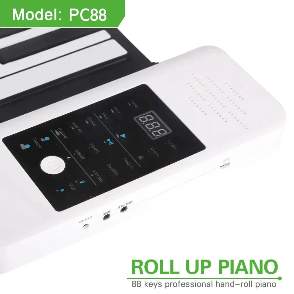 White digital piano musical instrument with 88 keys roll foldable piano keyboard and black control panel with illuminated buttons