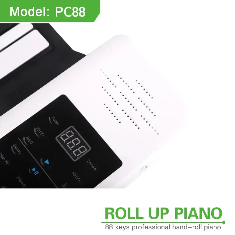 White digital piano musical instrument with 88 keys roll foldable piano keyboard and black control panel with display