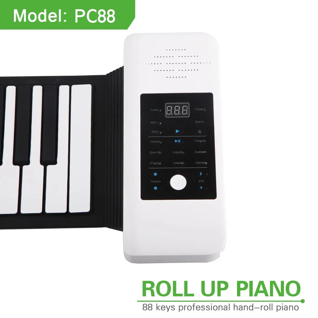 White digital piano musical instrument with 88 keys and foldable black control panel featuring digital display and buttons