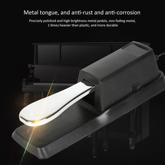 Shiny chrome digital piano pedal with black plastic housing designed for electric piano midi keyboard synthesizer use