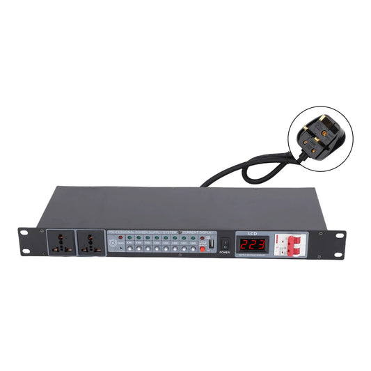 Black digital power sequencer with 10 outlets and voltage display controller showing 2.3v for stage amplifier use