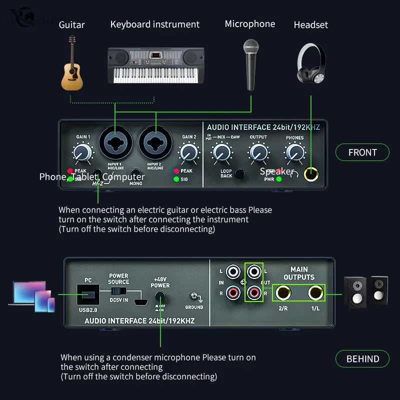 Black digital studio sing professional audio interface with 24-bit 192khz and multiple input output jacks for live recording