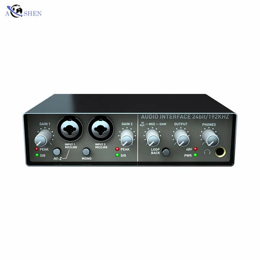 Black aoshen usb professional audio interface with silver knobs and labeled mic line output headphone ports for digital studio sing