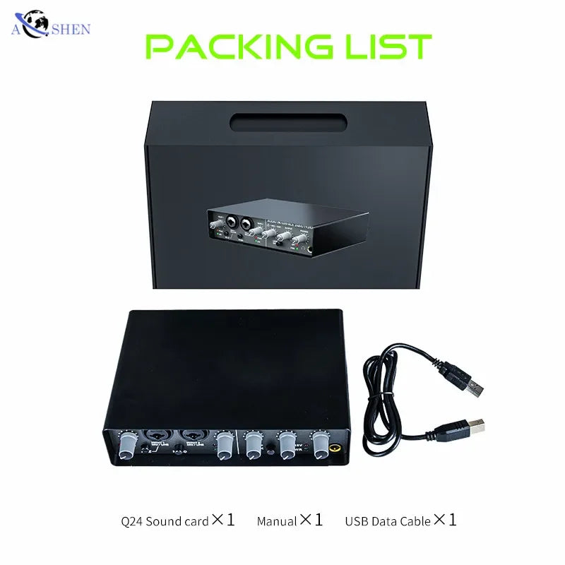 Black q24 usb sound card with silver knobs and multiple ports for digital studio sing and usb professional audio interface