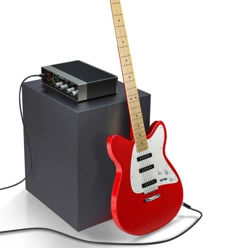 Red electric guitar with white pickguard and natural wood fretboard featured alongside digital studio sing professional audio interface cards mixer USB