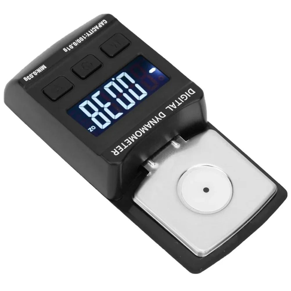 Black digital stylus force scale with silver weighing platform and blue screen backlight portable for turntable needle pressure testing