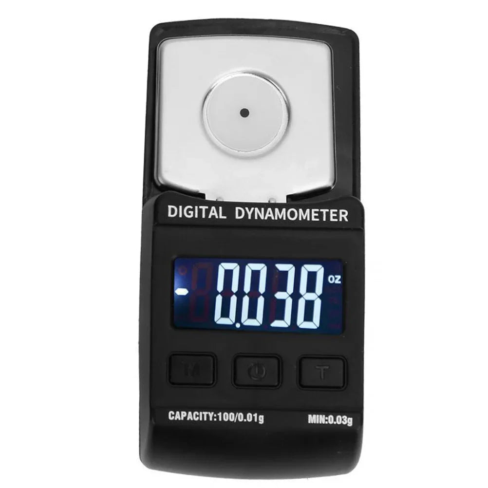 Black digital stylus force scale with silver platform and blue led display showing -0.038 oz for needle pressure testing