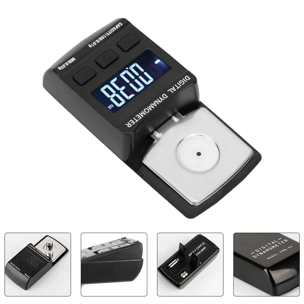 Black digital stylus force scale with silver platform and blue led screen backlight portable for turntable needle pressure testing